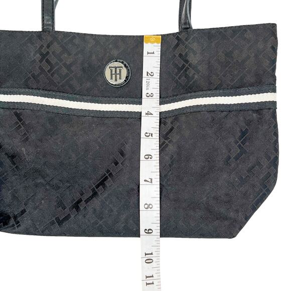 Tommy Hilfiger Tote Black Fabric Bag Allover Monogram Pockets Preppy Shopper - Picture 12 of 15